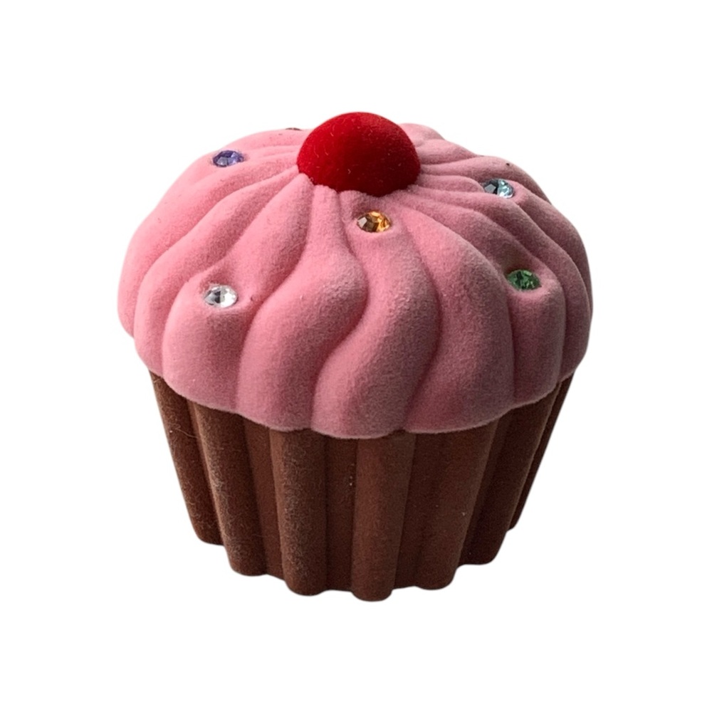 Velvet Pink Frosting & Brown Cupcake Ring Box Jewelry Gift Box